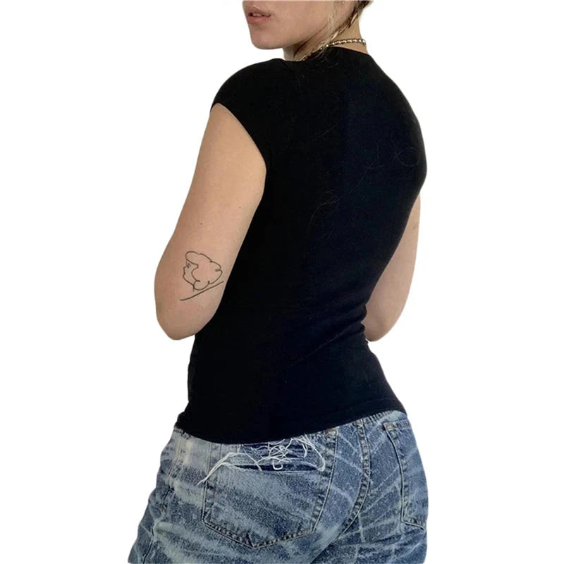 Goth T Shirts y2k Aesthetic Fairy Grunge Clothes Rhinestone Cross Wings Pattern Short Sleeve Tops Streetwear
