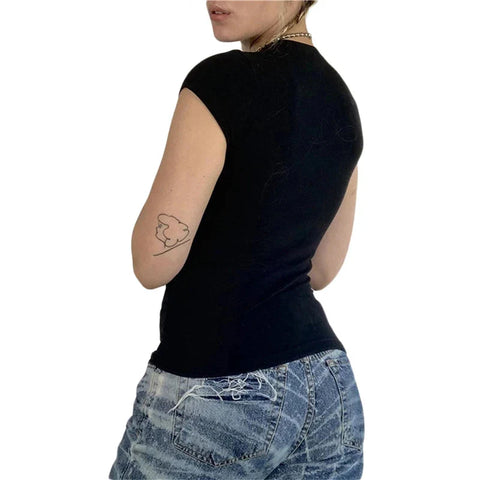 Goth T Shirts y2k Aesthetic Fairy Grunge Clothes Rhinestone Cross Wings Pattern Short Sleeve Tops Streetwear