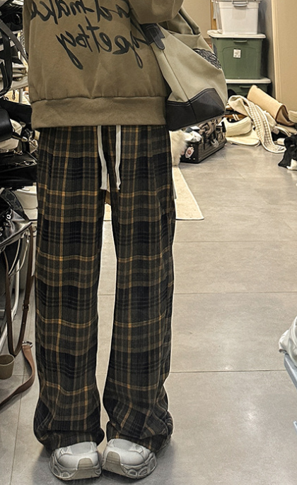 High Waist Loose Thick Fleece Plaid Pants