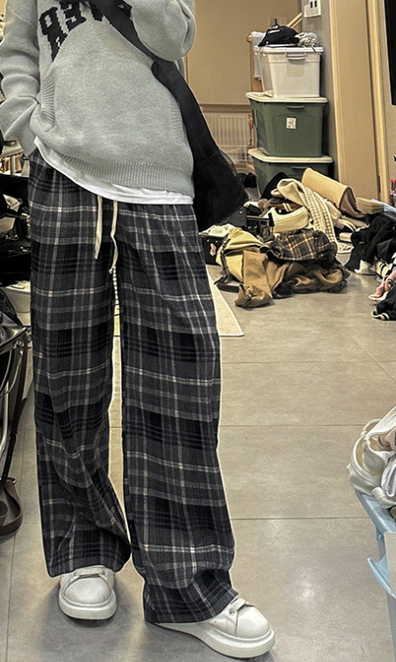 High Waist Loose Thick Fleece Plaid Pants