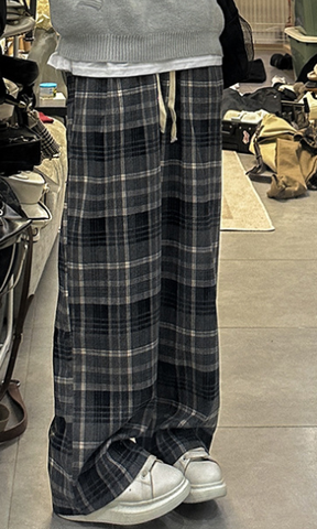 High Waist Loose Thick Fleece Plaid Pants