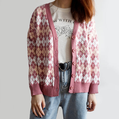 Argyle Plaid Knit Cardigan