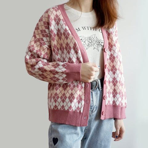 Argyle Plaid Knit Cardigan