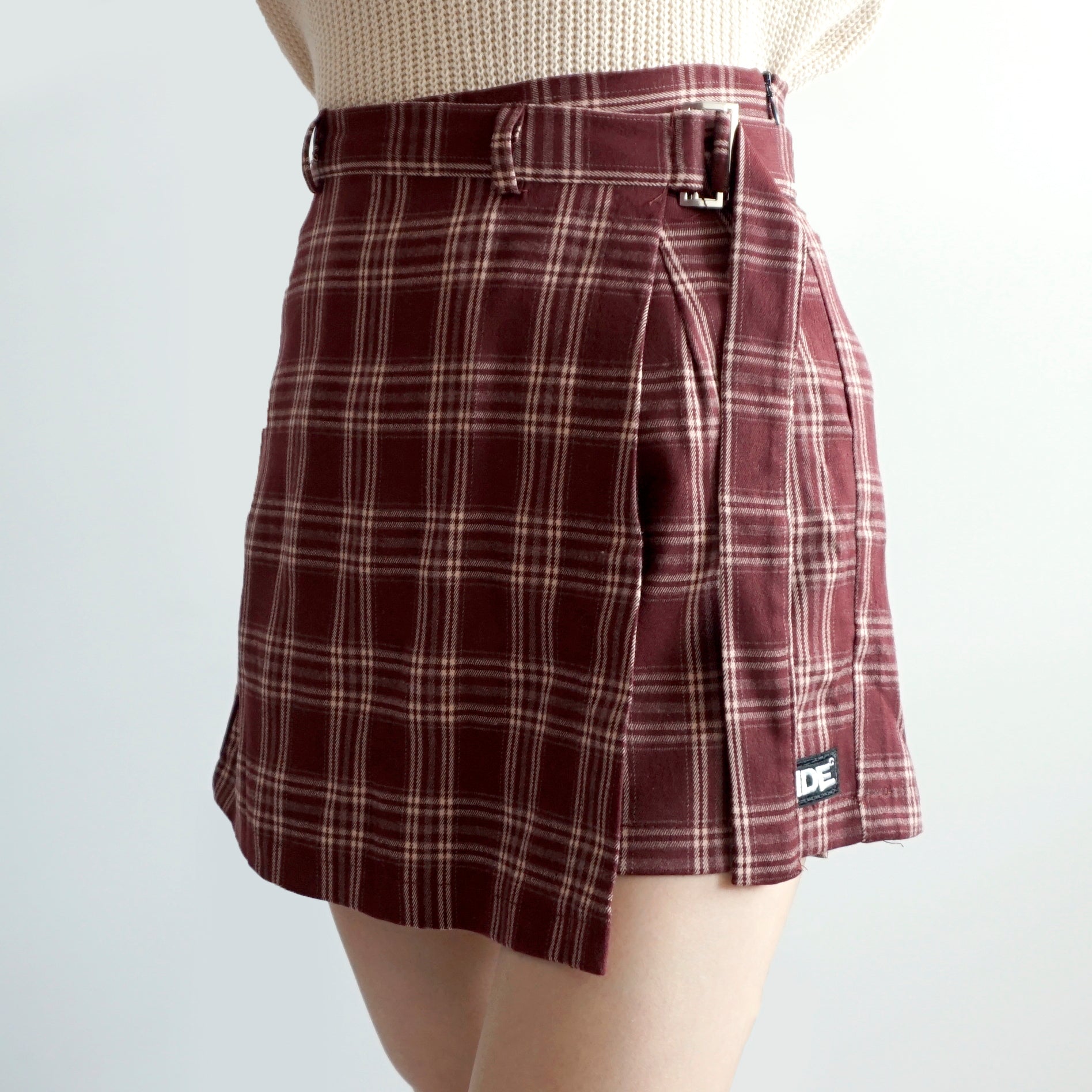 Belted Asymmetrical Plaid Skirt