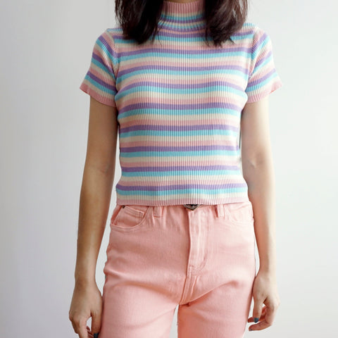 Pastel Rainbow Mock Neck Stripe Shirt