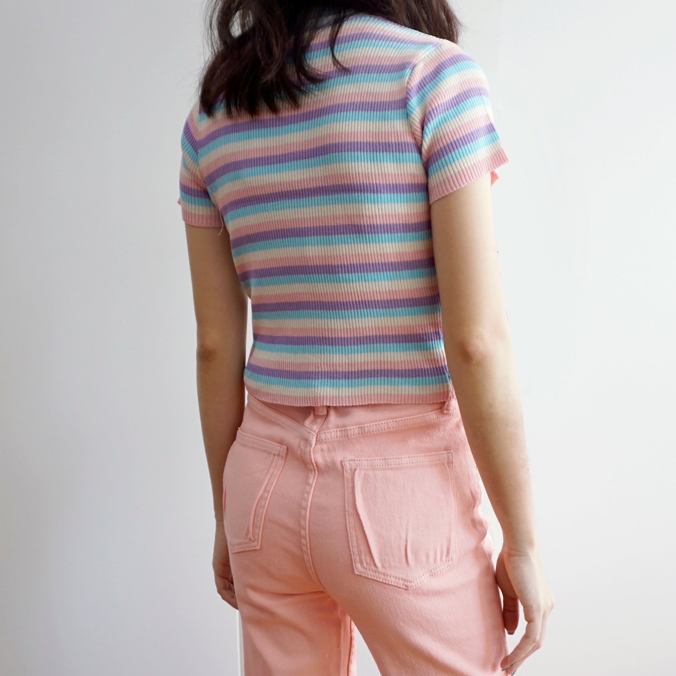 Pastel Rainbow Mock Neck Stripe Shirt