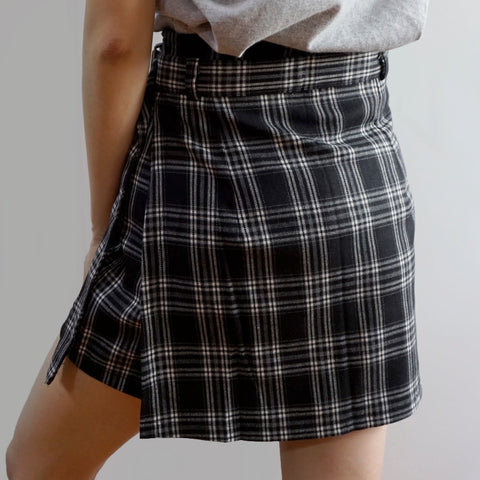 Belted Asymmetrical Plaid Skirt