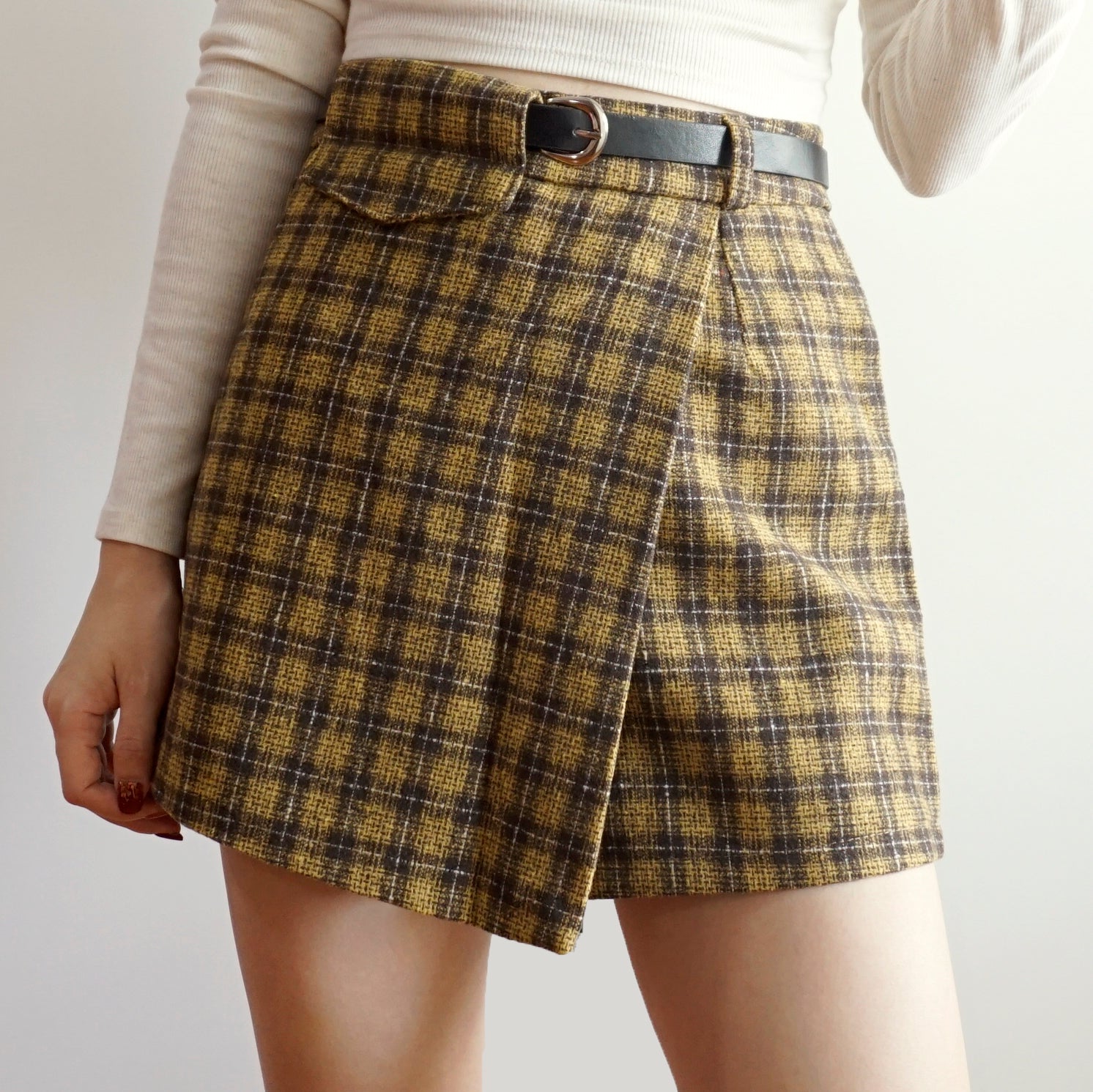 Asymmetrical Tweed Plaid Shorts