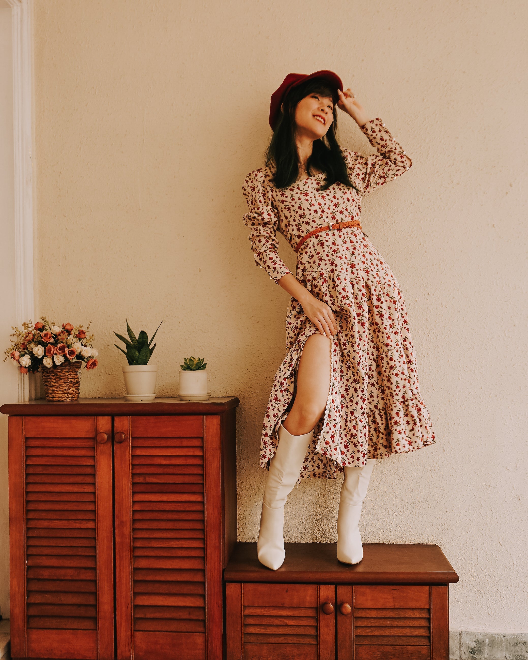 Sweet Floral Corduroy Midi Dress