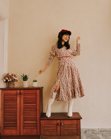 Sweet Floral Corduroy Midi Dress