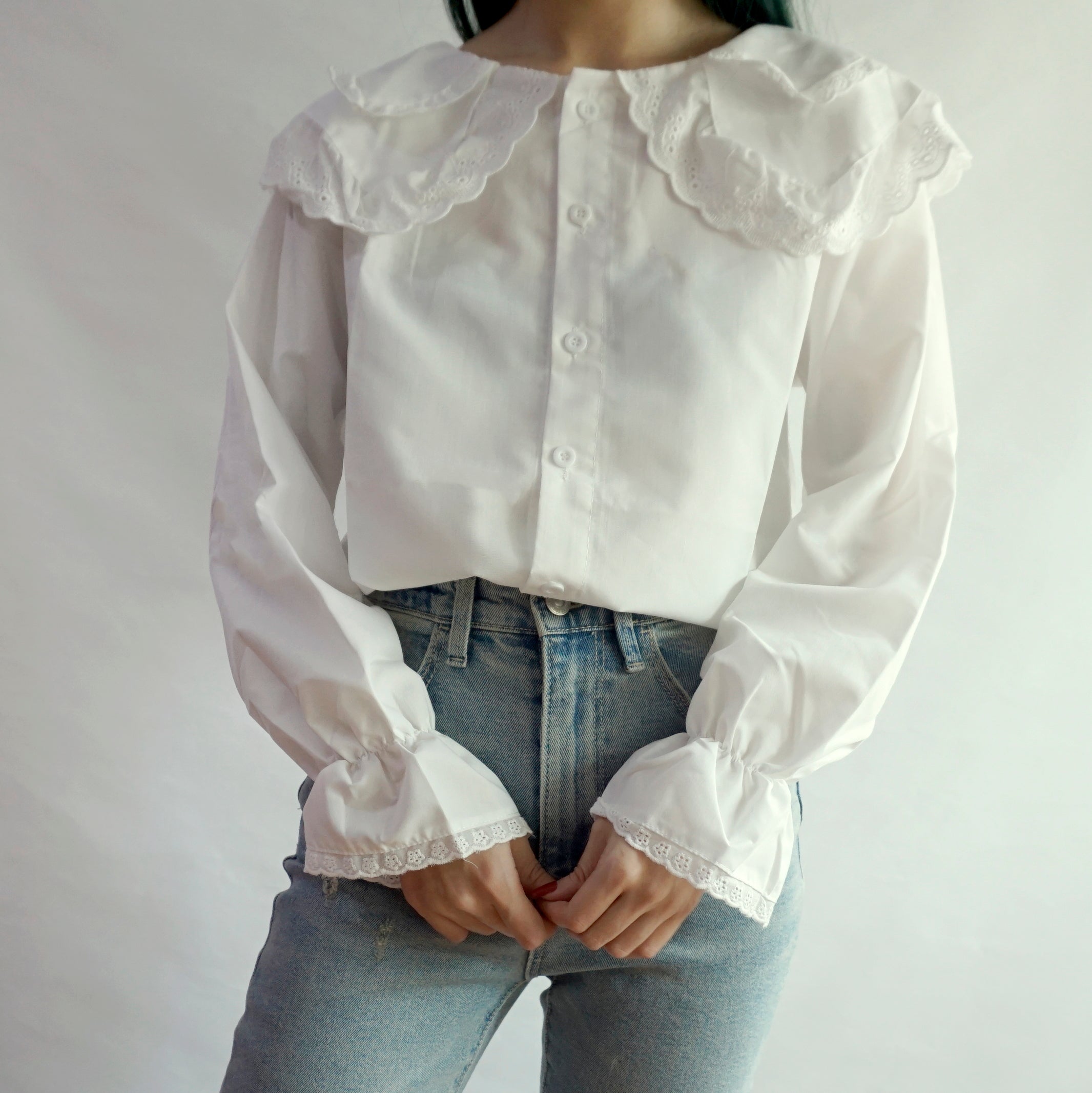 Floral Eyelet Double Peter Pan Button Up Shirt