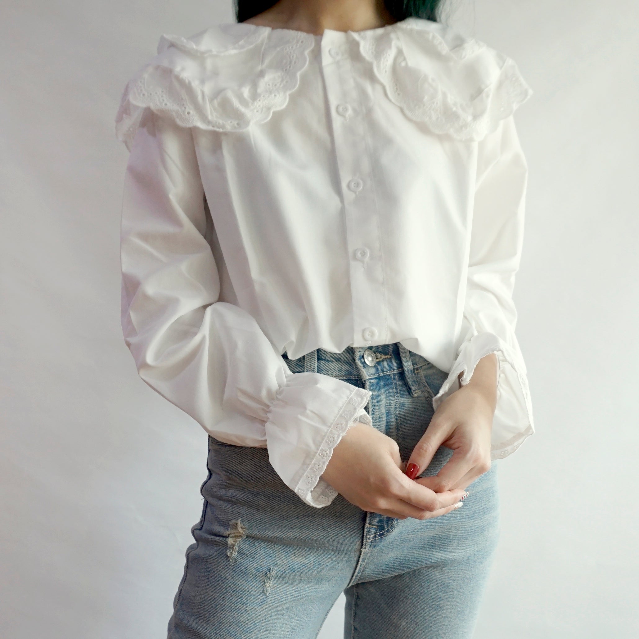 Floral Eyelet Double Peter Pan Button Up Shirt