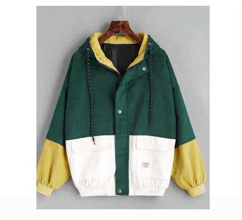 Long Sleeve Cute Colors Combination Hooded Corduroy Jacket