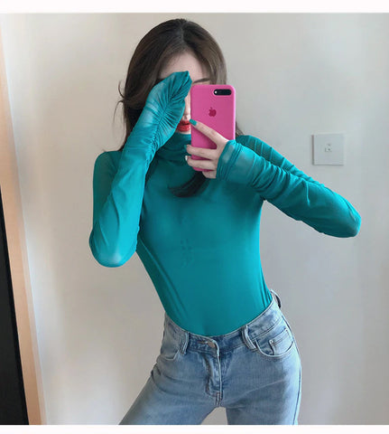 Sexy Long Sleeve See Through Bodycon Turtleneck Shirt