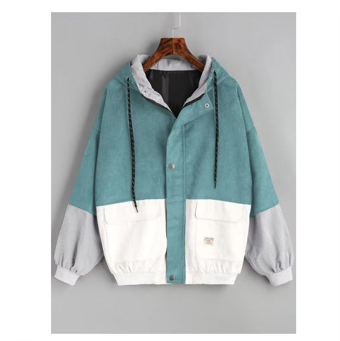Long Sleeve Cute Colors Combination Hooded Corduroy Jacket