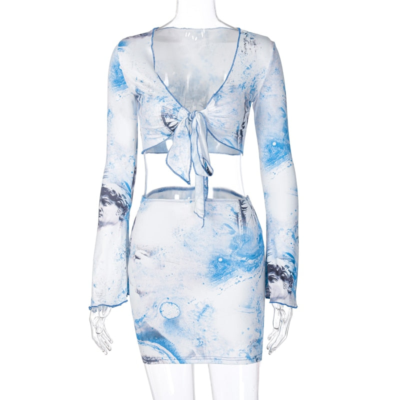 Voguable Flare Sleeve Wrapped Bandage Crop Top Skirt 2 Piece Set Winter Streetwear Y2K Print Tracksuit