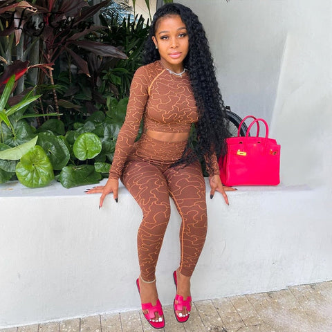 Voguable Print Long Sleeves Slim Navel Top Leggings Set Bodycon Party Elegant Club Y2K Robe Beach