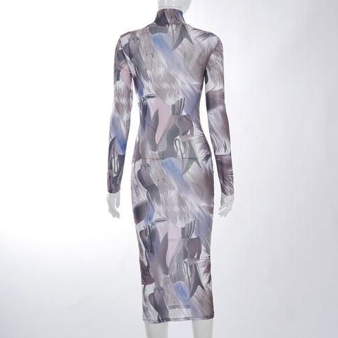 Voguable Long Sleeve Turtleneck Y2K Print Mesh Skinny Maxi Dress Streetwear Casual Clothing