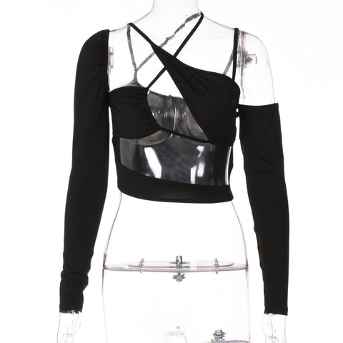 Voguable Pure Halter Single Shoulder Long Sleeve Bandage Drawstring Crop Top Fall Streetwear Outfit Y2K Party