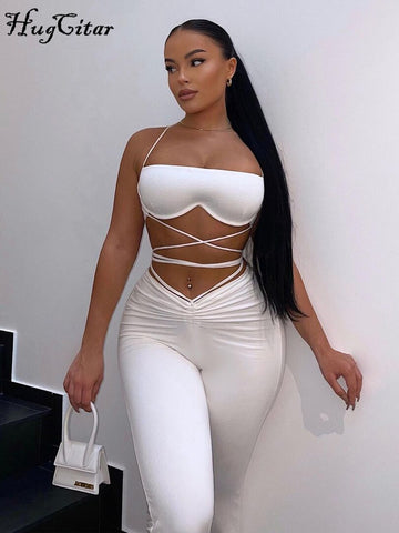 Voguable Solid Halter Sleeveless Bandage Ruched Crop Bra High Waist Leggings 2 Piece Set Y2K Streetwear Outfit