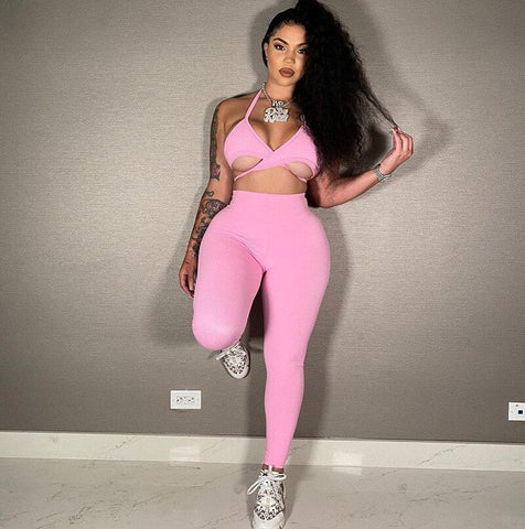 Voguable  Sleeveless Halter Solid Bandage Bra Pants 2 Pieces Set Streetwear Y2K Club Outfits Bikini