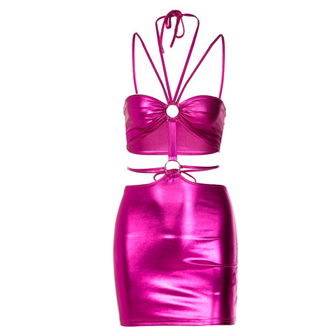Voguable  Solid Sleeveless Bodycon Halter Hollow Out Mini Dress  Streetwear Outfits Y2K