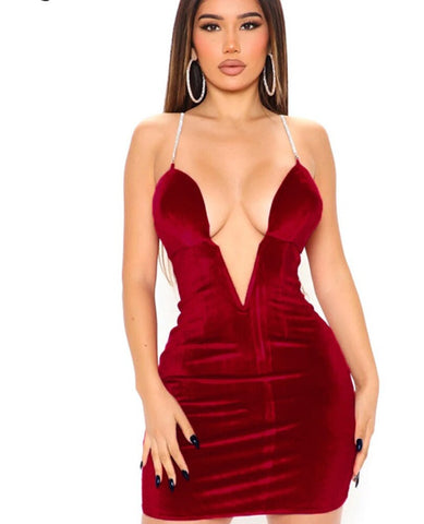 Voguable  Velvet Sleeveless Deep V Neck Metal Slip Mini Dress  Evening Party Elegant Streetwear Y2K