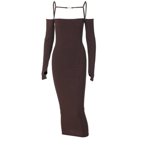 Voguable Ribbed Solid Slash Neck Slip Long Sleeves Bodycon Mini Dress  Elegant Streetwear Evening Party Y2K