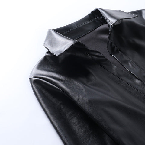 Voguable  Pu Leather Deep V Neck Long Sleeve Loose Mini Dress Winter Casual Streetwear Outfits Club Y2K