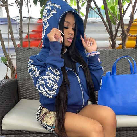 Voguable Star Letter Print Hoodie Zip Up Long Sleeve Oversized Jacket Coat Harajuku Gothic Hooded Sweatshirt Y2K Teen Clothes