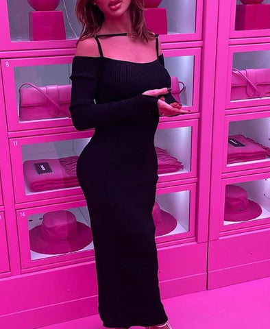 Voguable Ribbed Solid Slash Neck Slip Long Sleeves Bodycon Mini Dress  Elegant Streetwear Evening Party Y2K