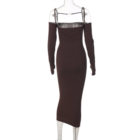 Voguable Ribbed Solid Slash Neck Slip Long Sleeves Bodycon Mini Dress  Elegant Streetwear Evening Party Y2K