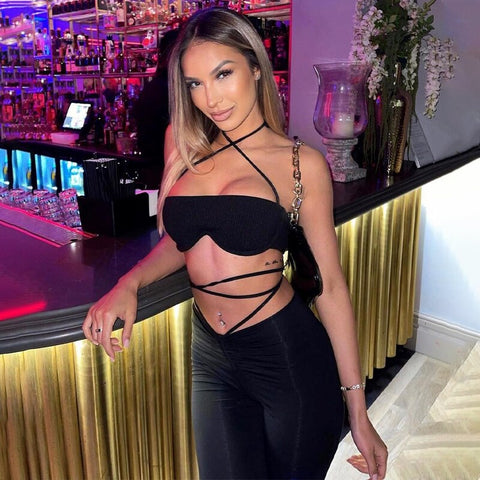 Voguable Solid Halter Sleeveless Bandage Ruched Crop Bra High Waist Leggings 2 Piece Set Y2K Streetwear Outfit