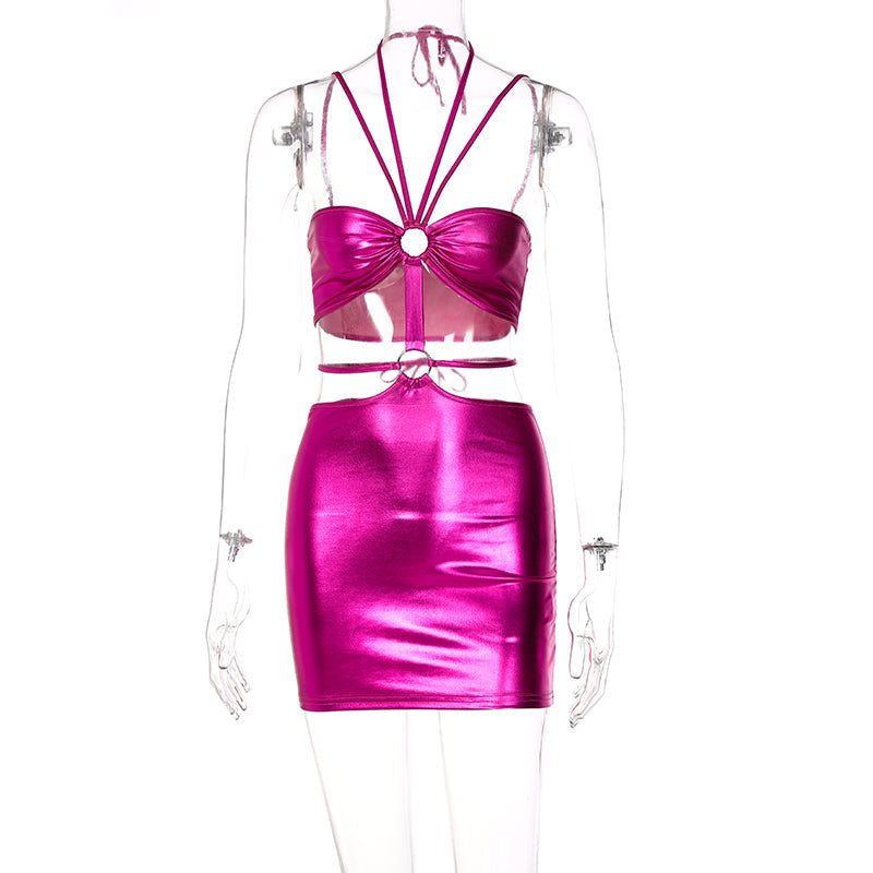 Voguable  Solid Sleeveless Bodycon Halter Hollow Out Mini Dress  Streetwear Outfits Y2K