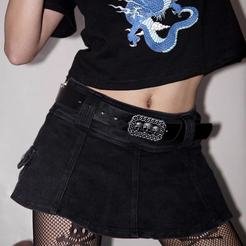 Harajuku Y2k Denim Skirt Dark Gothic Streetwear Mini Skirt with Skull Belt Mall Goth Punk Grunge Emo Clubwear
