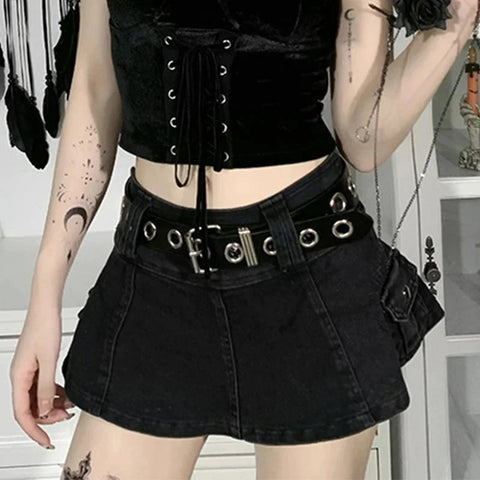 Harajuku Y2k Denim Skirt Dark Gothic Streetwear Mini Skirt with Skull Belt Mall Goth Punk Grunge Emo Clubwear
