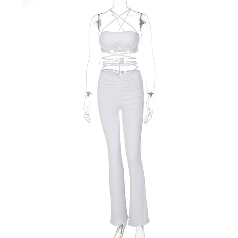 Voguable Solid Halter Sleeveless Bandage Ruched Crop Bra High Waist Leggings 2 Piece Set Y2K Streetwear Outfit