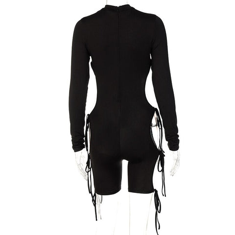 Voguable Solid Long Sleeves O Neck Cut Out Drawstrings Bandage Playsuit  Fall Bodycon Party Club Elegant Y2K
