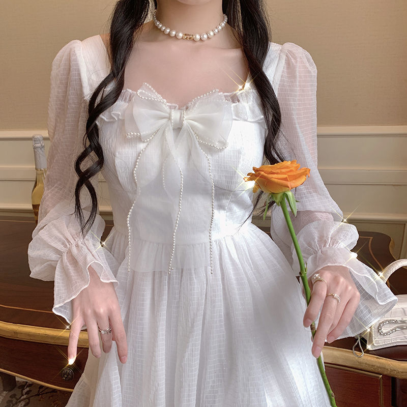 French Sweet Fairy Lolita Dress Long Sleeve Lace Y2k Mini Dress Vintage Kawaii Clothes One Piece Dress Korean spring