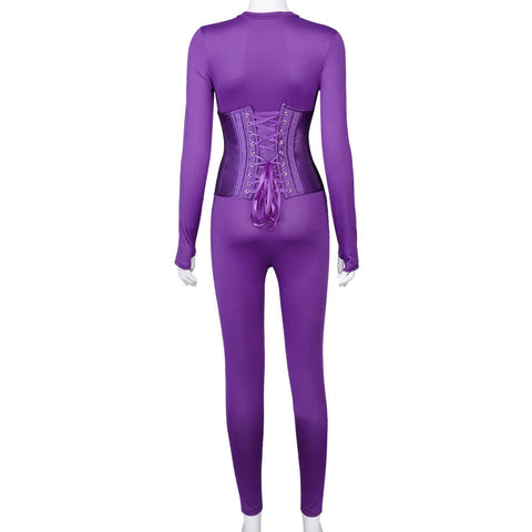 Voguable  Long Sleeve Jumpsuit Bandage Corset 2 Pieces Set Winter  Zipper Suit Romper Y2K Streetwear