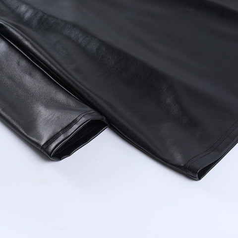 Voguable  Pu Leather Deep V Neck Long Sleeve Loose Mini Dress Winter Casual Streetwear Outfits Club Y2K