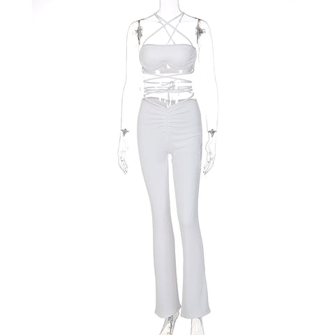 Voguable Solid Halter Sleeveless Bandage Ruched Crop Bra High Waist Leggings 2 Piece Set Y2K Streetwear Outfit