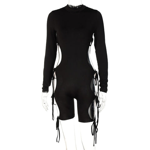Voguable Solid Long Sleeves O Neck Cut Out Drawstrings Bandage Playsuit  Fall Bodycon Party Club Elegant Y2K