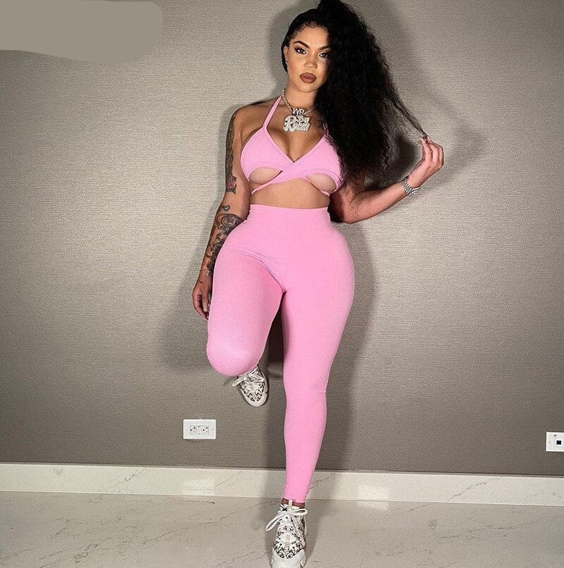 Voguable  Sleeveless Halter Solid Bandage Bra Pants 2 Pieces Set Streetwear Y2K Club Outfits Bikini