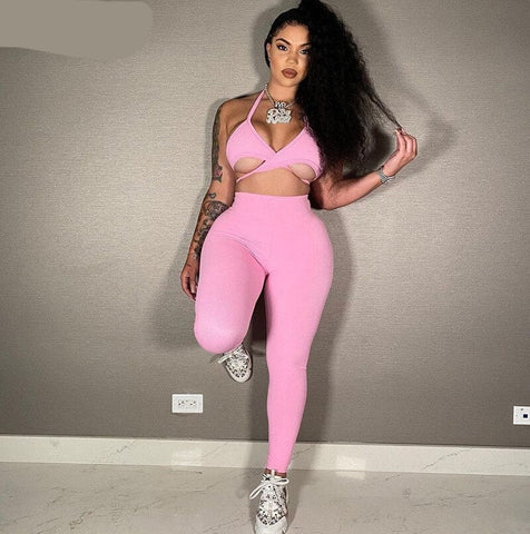 Voguable  Sleeveless Halter Solid Bandage Bra Pants 2 Pieces Set Streetwear Y2K Club Outfits Bikini
