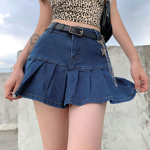 Y2k Pink Denim Pleated Skirts Mini Solid Casual Woman Korean Style High Waist Skirt with Lined Club Party Girls