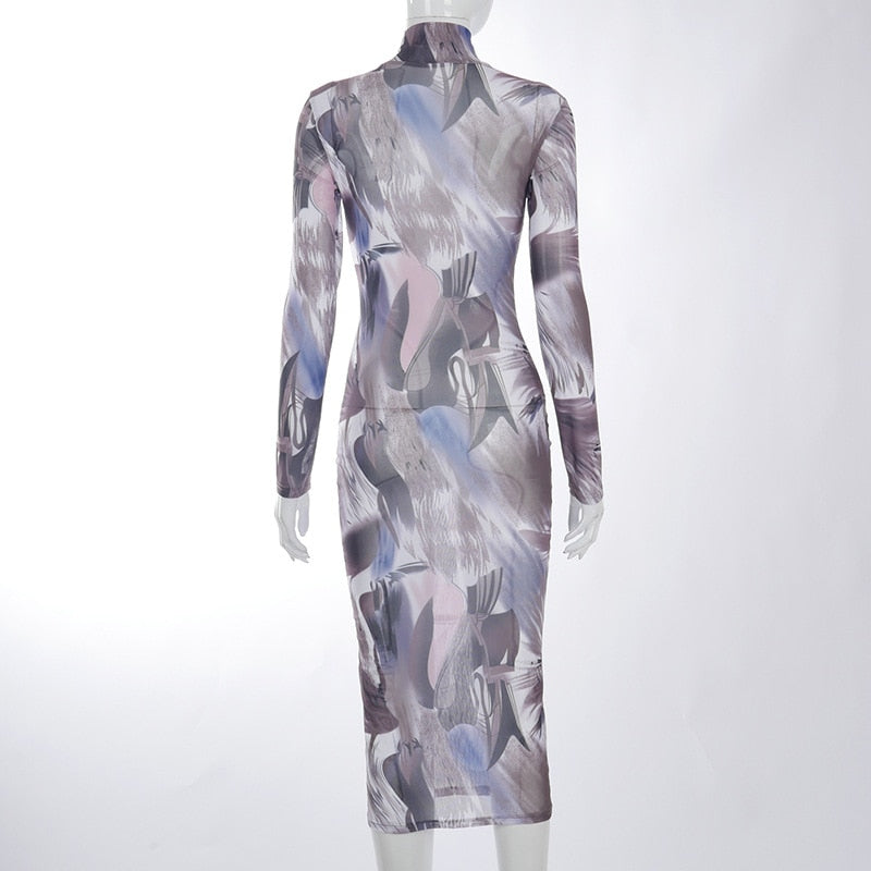 Voguable Long Sleeve Turtleneck Y2K Print Mesh Skinny Maxi Dress Streetwear Casual Clothing