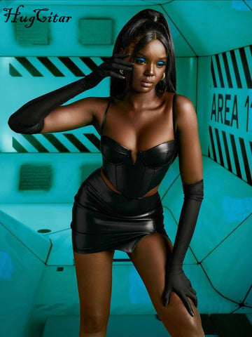 Hugcitar Pu Leather Slip With Detachable Sleeve Backless Crop Top Mini Dress 2 Pieces Set Fall Winter Party Y2K