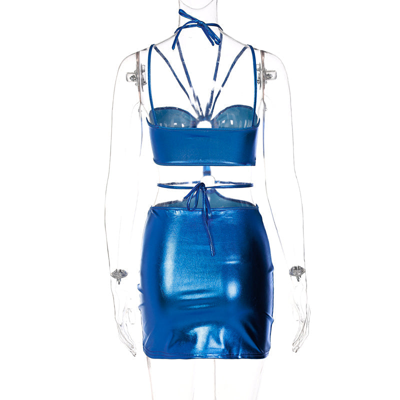 Voguable  Solid Sleeveless Bodycon Halter Hollow Out Mini Dress  Streetwear Outfits Y2K