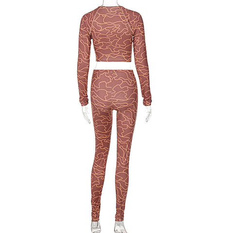 Voguable Print Long Sleeves Slim Navel Top Leggings Set Bodycon Party Elegant Club Y2K Robe Beach